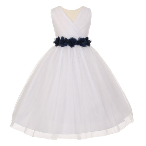Big Girls White Navy Chiffon Flowers Tulle Junior Bridesmaid Dress 14 - SophiasStyle.com